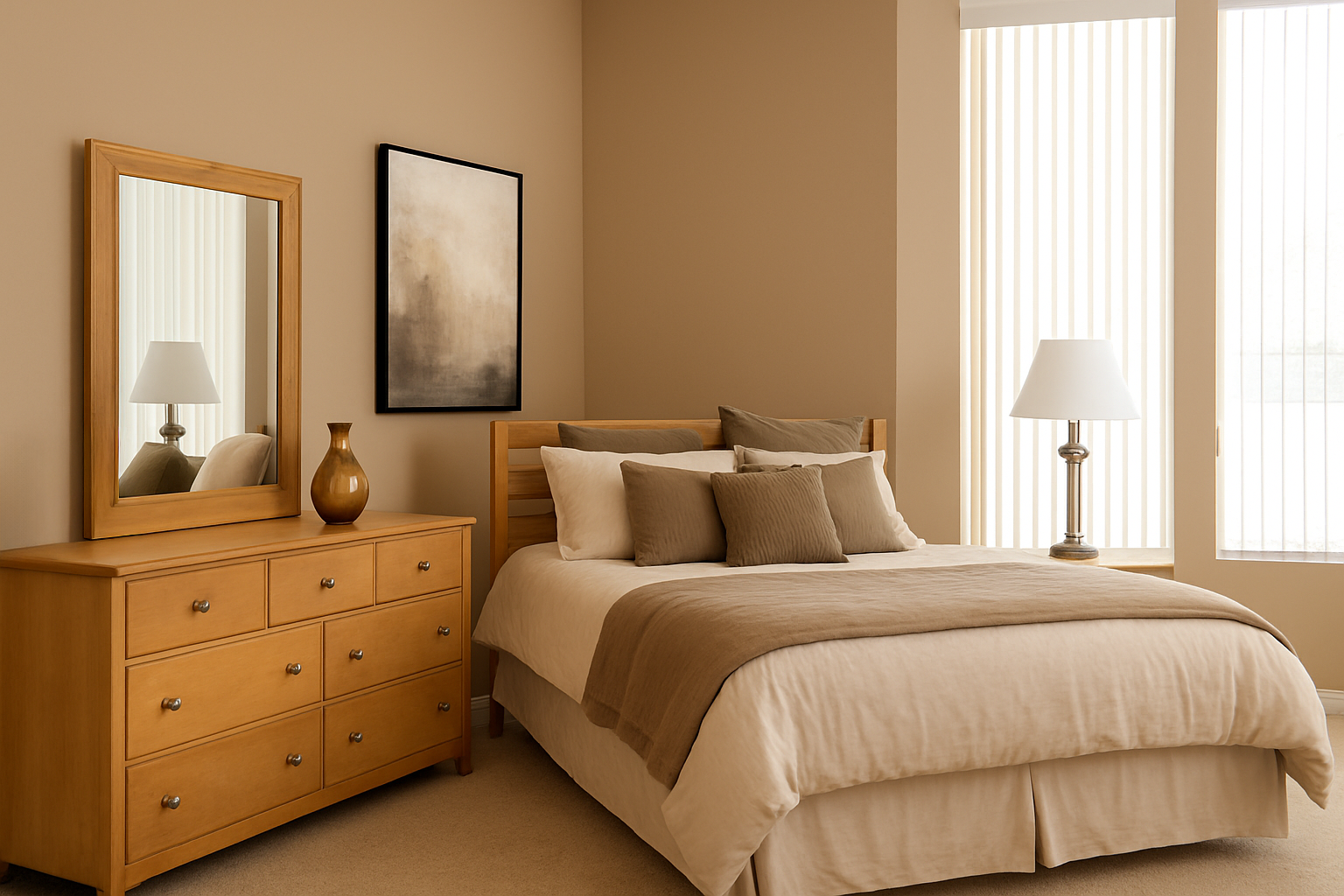 A sample living area with frugal and functional couch, chairs and end tables.